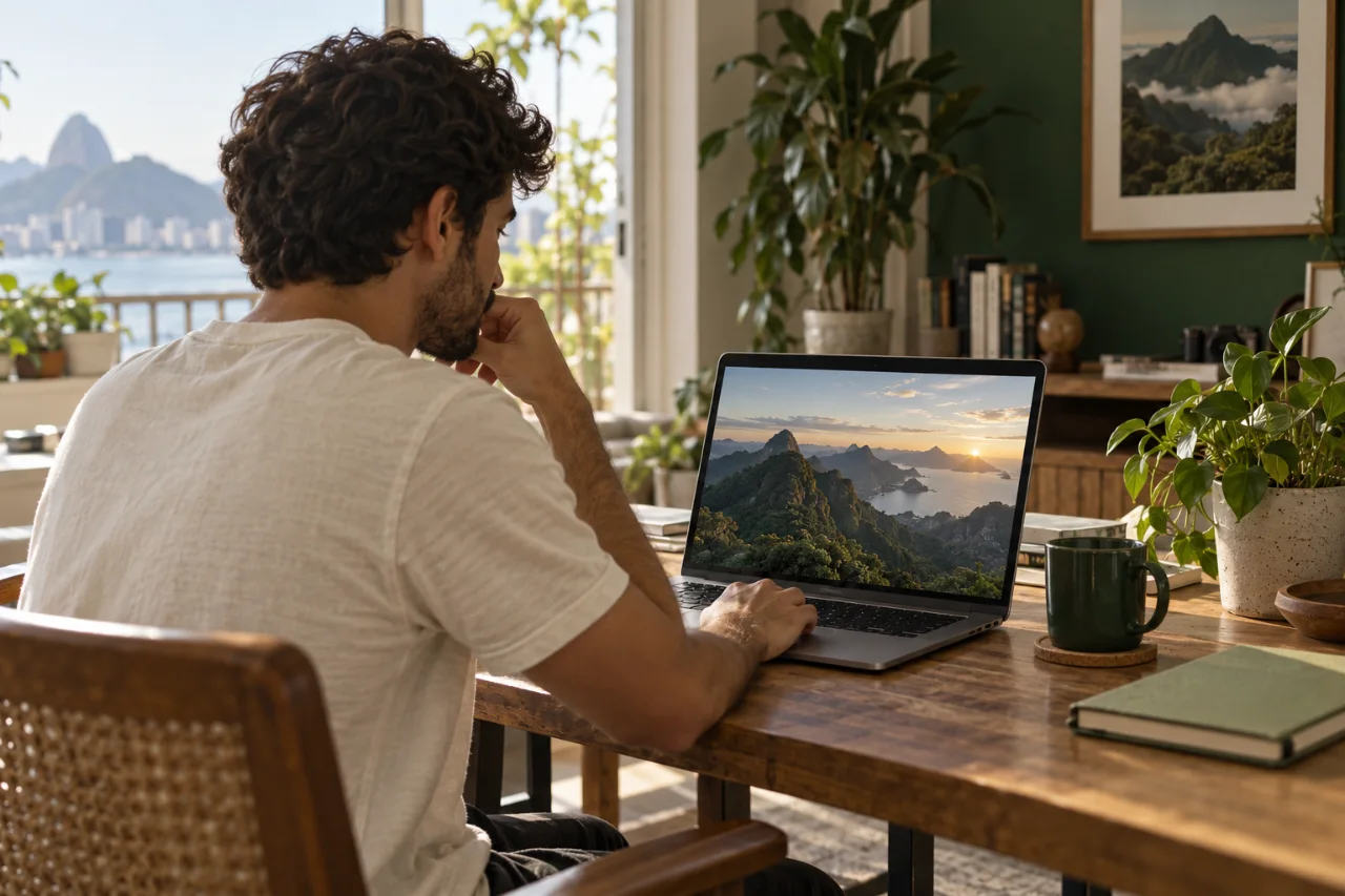 Cena fictícia de um homem assistindo a uma paisagem em um notebook, em casa